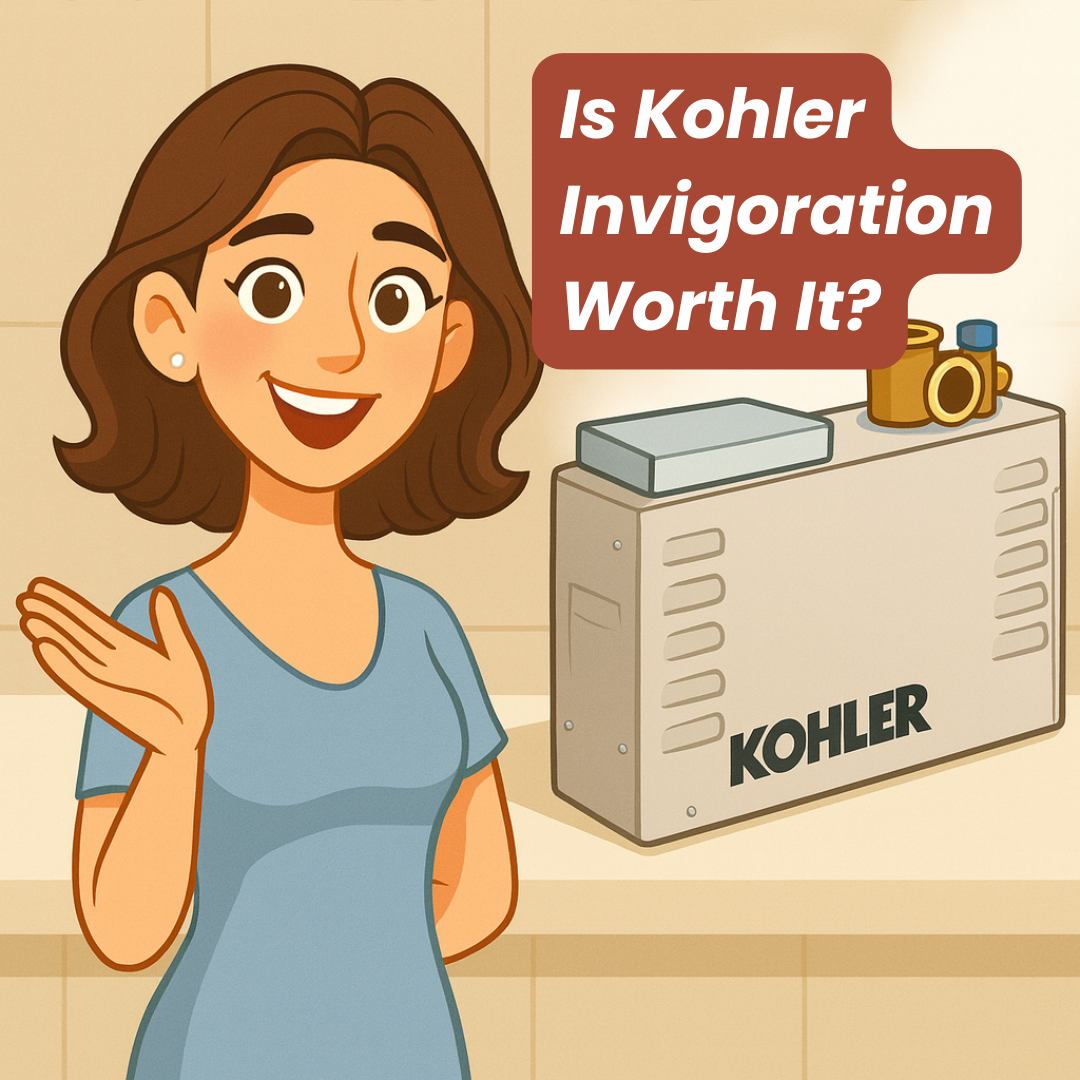 A cartoon-style woman smiling and gesturing beside a small Kohler steam generator in a clean, minimalist steam room setting