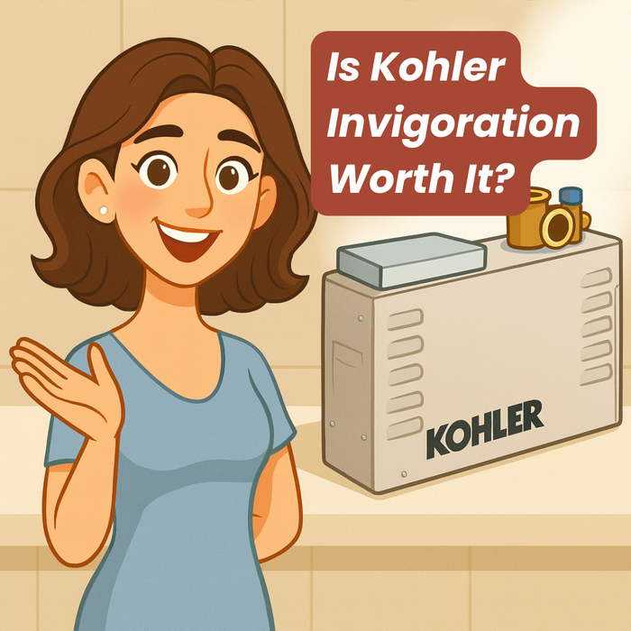 A cartoon-style woman smiling and gesturing beside a small Kohler steam generator in a clean, minimalist steam room setting